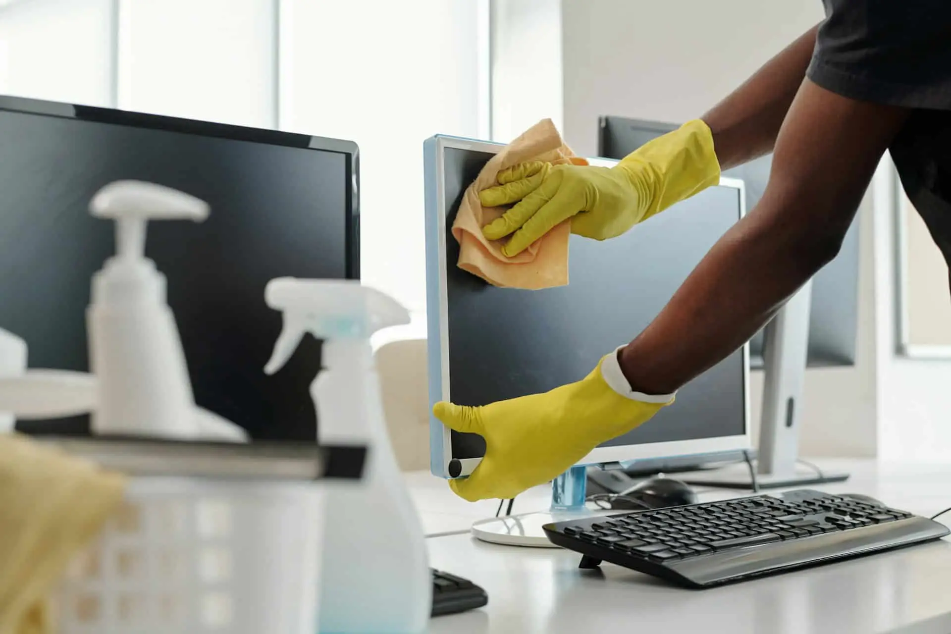 Nightly janitorial crew cleaning an office workspace in eastern Connecticut