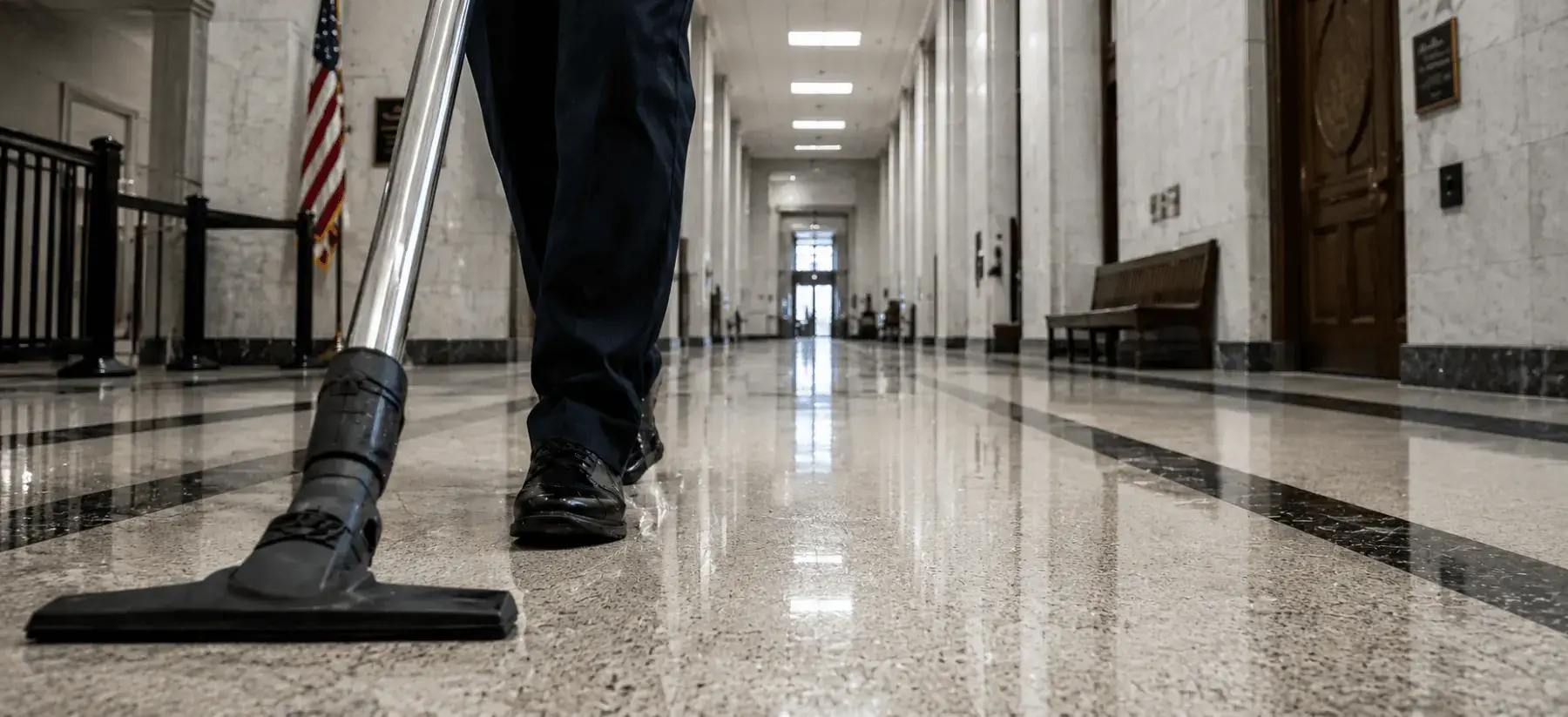 Fraser Commercial Services crew member cleaning a hallway floor in Rhode Island