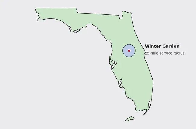 Map of Fraser Commercial Services cleaning service area in Florida, a 25 mile radius around Winter Garden covering Greater Orlando